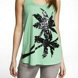 Express xs Green tank top palm tree sequence sheer